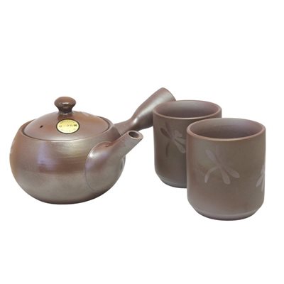 Terracotta Teapot JAP  /  2 Dragonfly glasses